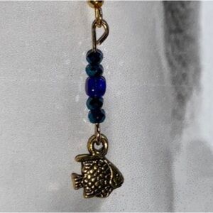 Handcrafted Drop Dangle GoldTone Fish Pendant w Dark Blue Beads Earrings